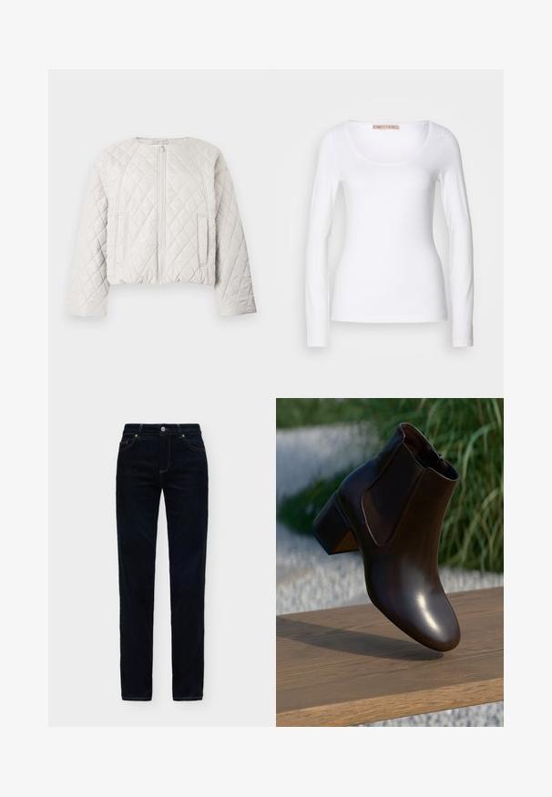 Veste matelassée courte en gris clair. Elle présente une fermeture éclair frontale, un col rond et deux poches latérales. Texture lisse avec un motif en losange.; T-shirt en coton blanc à manches longues, avec un col rond et une coupe ajustée, au toucher doux et sans ornement.; Jean droit en denim bleu foncé avec poches avant et fermeture par bouton sur un fond uni clair.; Bottine en cuir marron avec un bout rond et un petit talon block, dotée de panneaux latéraux élastiques et d'une finition lisse et brillante.