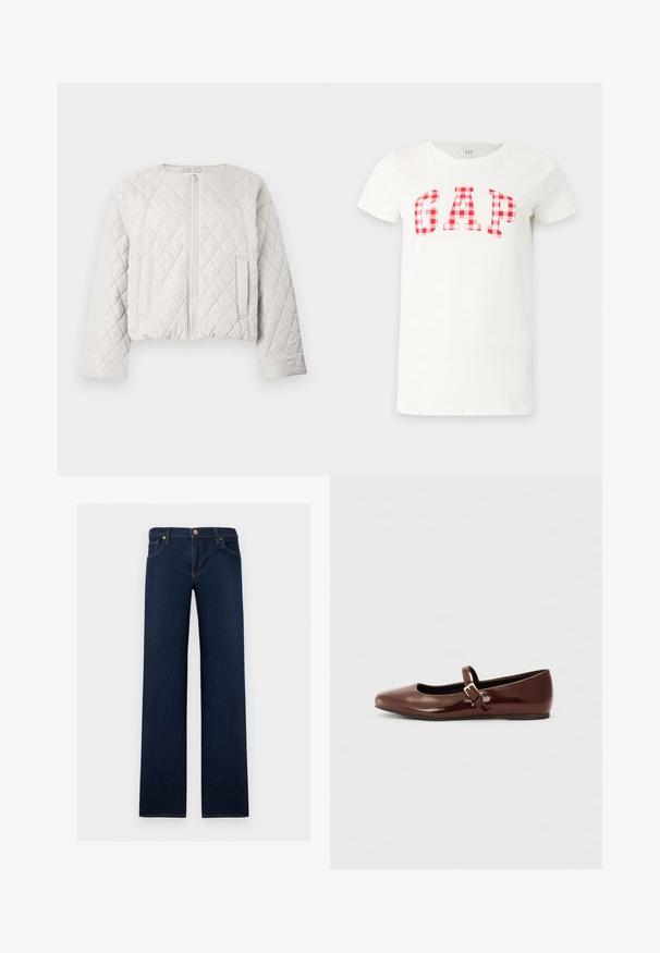 Veste matelassée courte en gris clair. Elle présente une fermeture éclair frontale, un col rond et deux poches latérales. Texture lisse avec un motif en losange.; T-shirt blanc à manches courtes avec un motif à carreaux rouges et blancs formant le mot GAP sur la poitrine.; Jean en denim bleu foncé droit avec cinq poches et une fermeture à boutons à la taille.; Ballerine en cuir verni marron avec un bout carré et une lanière ornée d'une petite boucle dorée. Texture lisse, talon bas et design minimaliste.