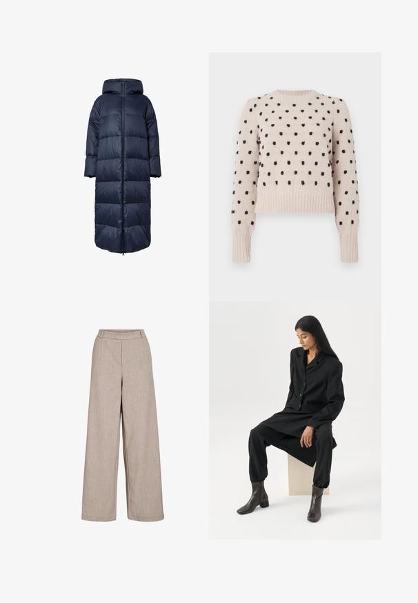 Manteau matelassé bleu marine avec capuche, présentant une fermeture éclair à l'avant, un design surdimensionné et une texture matelassée. L'ourlet atteint la longueur mi-mollet.; Pull léger beige avec des pois noirs, col rond côtelé et poignets, texture douce, coupe courte et manches longues.; Pantalons larges beige en tissu léger. Présentent une texture lisse, une taille ajustée et des poches latérales pour un détail fonctionnel.; Femme aux longs cheveux foncés assise, portant un blazer noir ample, un pantalon large assorti et des bottines foncées, sur un fond blanc uni.