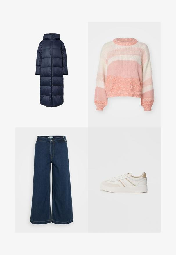 Manteau matelassé bleu marine avec capuche, présentant une fermeture éclair à l'avant, un design surdimensionné et une texture matelassée. L'ourlet atteint la longueur mi-mollet.; ONLY ONLJENNY LIFE ONECK - Pullover - terra cotta; Pantalons en denim taille large en bleu foncé. Dotés d'une fermeture à bouton, de cinq poches, de coutures légères et d'une texture lisse.; Baskets blanches avec des accents en suède beige, trois rayures diagonales, bout rond, semelle plate et surface texturée. Marque sur le côté et le talon.