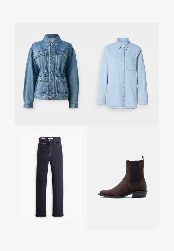 Lysblå denimjakke med krave, frontlommer og elastisk talje. Har sølvknapper og en afslappet pasform.; Lyseblå denimskjorte med knaplukning foran, spids krave, enkelt brystlomme og lange ærmer med knapmanchetter.; Mørkeblå straight-leg denim jeans med fem lommer og synlig orange syning på hvid baggrund.; Brun ruskind Chelsea-støvle med sort elastisk sidepanel, trækflig bagpå, lav hæl og spids tå på hvid baggrund.