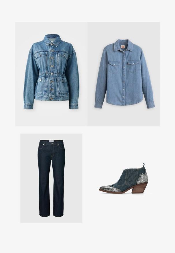 Lysblå denimjakke med krave, frontlommer og elastisk talje. Har sølvknapper og en afslappet pasform.; Lyseblå denimskjorte med lange ærmer, knapper foran, to brystlommer og klassisk krave. Glat tekstur og afslappet pasform.; Mørkeblå straight-leg jeans med fem lommer, knaplukning og kontrastsyning, vist på en ensfarvet baggrund.; Ankelhøj denimstøvle med sølvfarvede revnet læderdetaljer, spids snude, stablet træhæl og elastiske sidepaneler for nem påtagning.