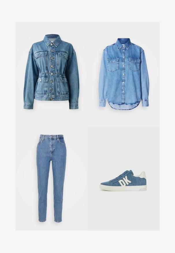 Lichtblauwe denimjack met een kraag, voorzakken en een elastische taille. Voorzien van zilveren knopen en een ontspannen pasvorm.; Denimshirt met een lichtblauwe kleur, klassieke kraag, knoopsluiting aan de voorkant, twee borstzakken en een afgeronde zoom met stikseldetails.; Blauwe high-waisted straight-leg jeans met een knoop en rits aan de voorkant, riemlussen en zakken, weergegeven op een effen witte achtergrond.; Denim sneakers met een blauwe gestructureerde stof, witte rubberen zool en grote witte "DK" branding aan de zijkant.