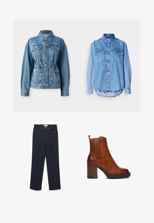 Lysblå denimjakke med krave, frontlommer og elastisk talje. Har sølvknapper og en afslappet pasform.; Denimskjorte i lys blå farve med klassisk krave, knaplukning foran, to brystlommer og rundet kant med syningsdetaljer.; Mørkeblå denim jeans med lige ben, gule syninger, to forlommer og lynlås lukning.; Brun læderankelstøvle med chunky stablet hæl, rillede sorte såler, lodret syning og en træksnor bagpå.