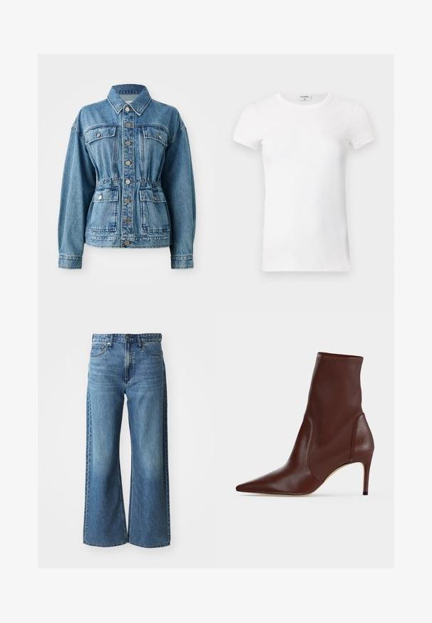 Lysblå denimjakke med krave, frontlommer og elastisk talje. Har sølvknapper og en afslappet pasform.; Hvid, stribet T-shirt med kortærmer og rund hals. Stoffet ser glat ud med en tætsiddende silhuet. Brandingmærke synligt ved kraven.; Bredde ben blå denimjeans med mid-rise talje, fem lommer og subtile falmninger. Funktionen inkluderer bæltestropper og syede detaljer.; Mørkebrun læderankelstøvle med spids snude og slank høj hæl mod en ensfarvet lys baggrund.
