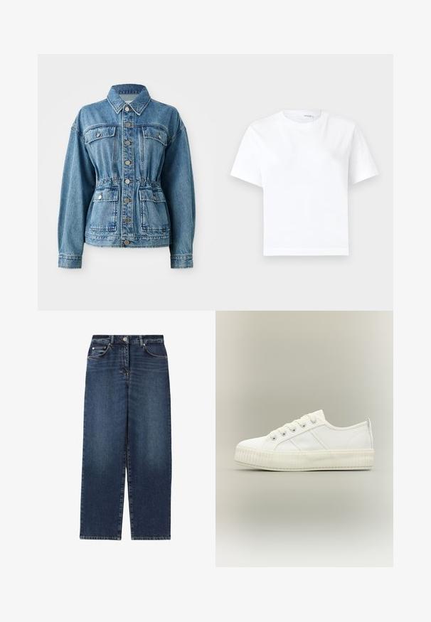 Lysblå denimjakke med krave, frontlommer og elastisk talje. Har sølvknapper og en afslappet pasform.; Hvid kortærmet bomuld t-shirt med rund halsudskæring og lige kant, vist på en hvid baggrund.; Mørkeblå vidbenede denimjeans med forlommer, bæltestropper og lukning med knap.; Hvid lavtop sneaker med tyk ribbet sål, snørelukning foran og trækflap på hælen mod en neutral baggrund.