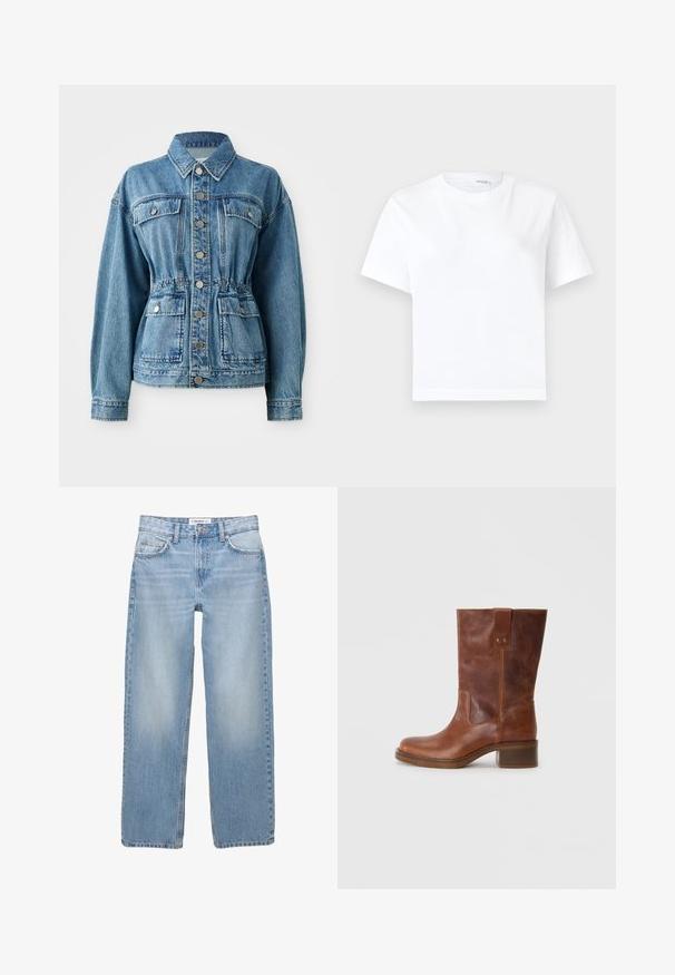 Lysblå denimjakke med krave, frontlommer og elastisk talje. Har sølvknapper og en afslappet pasform.; Hvid kortærmet bomuld t-shirt med rund halsudskæring og lige kant, vist på en hvid baggrund.; Lyseblå denimbukser med lige ben, fem-pockets stil og synlige syninger. Stofmaterialet har en blød, let falmet tekstur.; Brune læderknæhigh støvle med en rund tå, kontrasterende sidelæmme og en lav blokhæl. Har en bagtab og metalnitter.