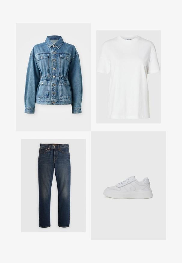 Lichtblauwe denimjack met een kraag, voorzakken en een elastische taille. Voorzien van zilveren knopen en een ontspannen pasvorm.; Witte katoenen t-shirt met korte mouwen en een ronde halslijn. Heeft een relaxte pasvorm en een minimalistisch ontwerp zonder patronen of accenten.; Donkerblauwe denim jeans met een straight-leg ontwerp, vijf-pocket stijl en koperen klinknagels. Zachte textuur met een lichte vervaging.; Tommy Hilfiger SNEAKER - Sneakers laag - white