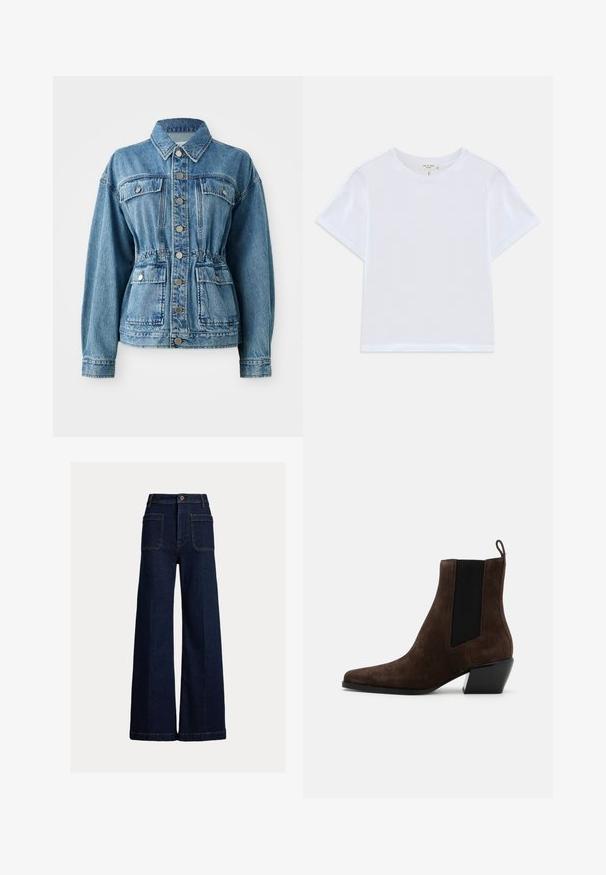 Lysblå denimjakke med krave, frontlommer og elastisk talje. Har sølvknapper og en afslappet pasform.; Hvid cropped t-shirt lavet af blødt bomuld, med rund hals og korte ærmer og en let løs pasform. Ingen mønstre eller accenter.; Mørkeblå vidde cowboybukser med forlommer, bæltestropper og knaplukning på en enkel lys baggrund.; rag & bone JONI CHELSEA - Støvletter - dark brown