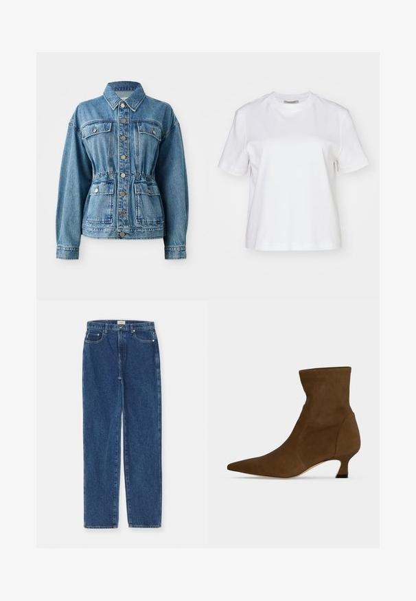 Lysblå denimjakke med krave, frontlommer og elastisk talje. Har sølvknapper og en afslappet pasform.; AllSaints LISA TEE - T-shirts basic - white; Blå denimjeans med lige ben, der har en standard talje, forlommer og synlige sømdetaljer.; Brun ankelstøvle med spids tå og lav kitten hæl, lavet af glat materiale, vist mod en ensfarvet baggrund.