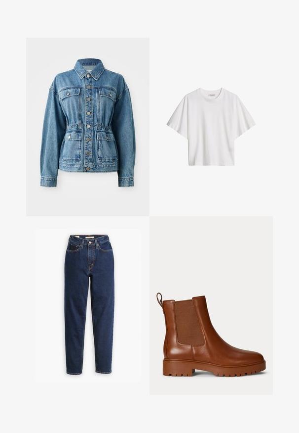 Lichtblauwe denimjack met een kraag, voorzakken en een elastische taille. Voorzien van zilveren knopen en een ontspannen pasvorm.; Witte katoenen T-shirt met korte mouwen, losse pasvorm, ronde hals en merkembleem aan de binnenkant van de kraag.; Donkerblauwe denimjeans met een hoge taille, vijf-pocket ontwerp en rechte pijpen. Contrasterende stiksels en een knopen-flapsluiting.; Bruine leren Chelsea-laars met elastisch zijpaneel, treklipje bij de hiel en dikke profielzool.