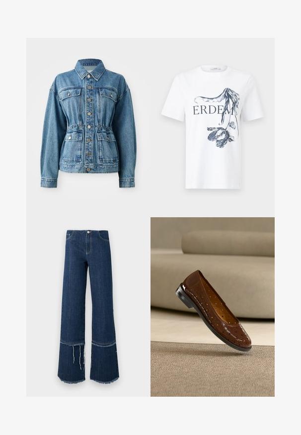 Lichtblauwe denimjack met een kraag, voorzakken en een elastische taille. Voorzien van zilveren knopen en een ontspannen pasvorm.; Wit t-shirt met korte mouwen met de tekst "ERDEM" en een gedetailleerde zwarte bloemillustratie die gedeeltelijk de letters op de voorkant bedekt.; Donkerblauwe denim jeans met een wijde pijp, een rafelige horizontale naad en losse draden boven de zoom, voorzakken en een knoopsluiting.; Bruine lakleren ballerina met geperforeerd ontwerp, ronde neus en lage zwarte rubberen hak. Gladde textuur met levendige glans.