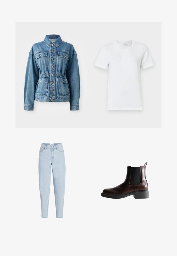 Lysblå denimjakke med krave, frontlommer og elastisk talje. Har sølvknapper og en afslappet pasform.; Hvid bomulds T-shirt med rund halsudskæring, korte ærmer, lige kant og en glat tekstur. Ingen mønstre eller yderligere hardware.; Lyseblå høj-talje jeans med frontknap og lynlås, fem-lommer stil og tilspidsede ben.; Brune læder ankelstøvle med elastiske sidepaneler, rund tå og en struktureret sort gummisål. Har kontrasterende syninger og en trækflap.