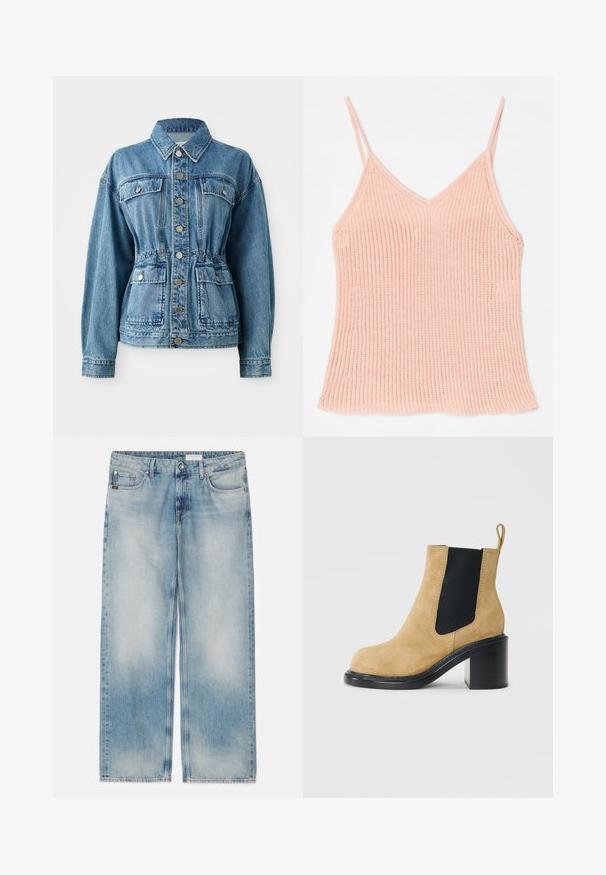 Lichtblauwe denimjack met een kraag, voorzakken en een elastische taille. Voorzien van zilveren knopen en een ontspannen pasvorm.; Perzikkleurige gebreide camisole, met dunne verstelbare bandjes, een V-hals ontwerp, geribbelde textuur en een rechte zoom.; Lichtblauwe denim brede pijpen jeans met een vervaagd ontwerp, vijf zakken en een knoopsluiting. Rechte pasvorm met een rafelrand detail.; Beige suede enkelboot met een zwart elastisch zijkussen, ronde neus en een chunky zwarte hak, voorzien van een aantreklipje aan de achterzijde.