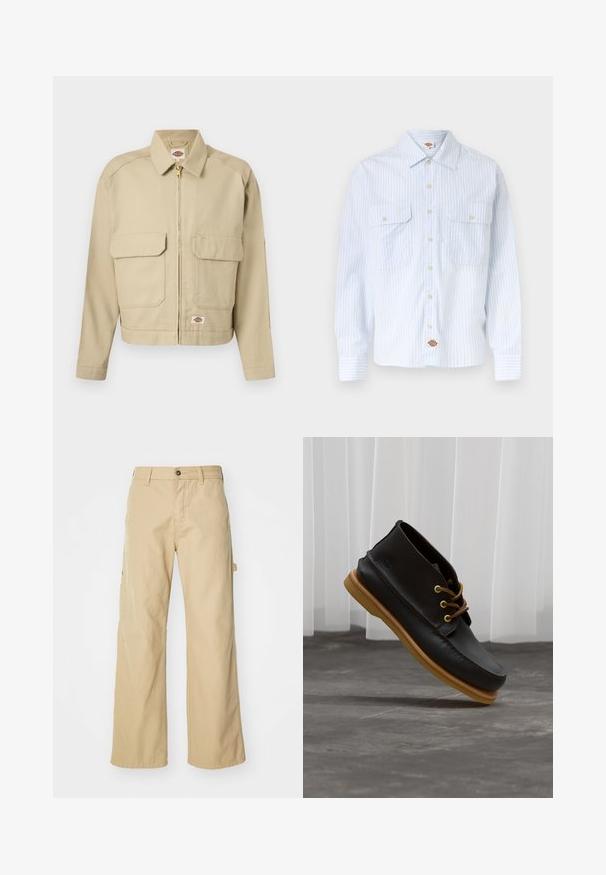 Veste beige à fermeture éclair avec deux grandes poches à rabat à l'avant, col droit, manches longues, et étiquette de la marque Dickies sur la poitrine et l'ourlet.; Chemise blanche à boutons avec de fines rayures verticales bleues, deux poches poitrine boutonnées à l'avant, et une petite étiquette logo sur l'ourlet inférieur.; Pantalons cargo larges beiges avec fermeture à bouton, dotés de poches latérales, fabriqués en coton robuste, avec une texture lisse et un design droit.; Chaussures en cuir noir avec une finition lisse, bout rond, lacets marron et semelles en caoutchouc marron clair. Logo embossé sur le côté.