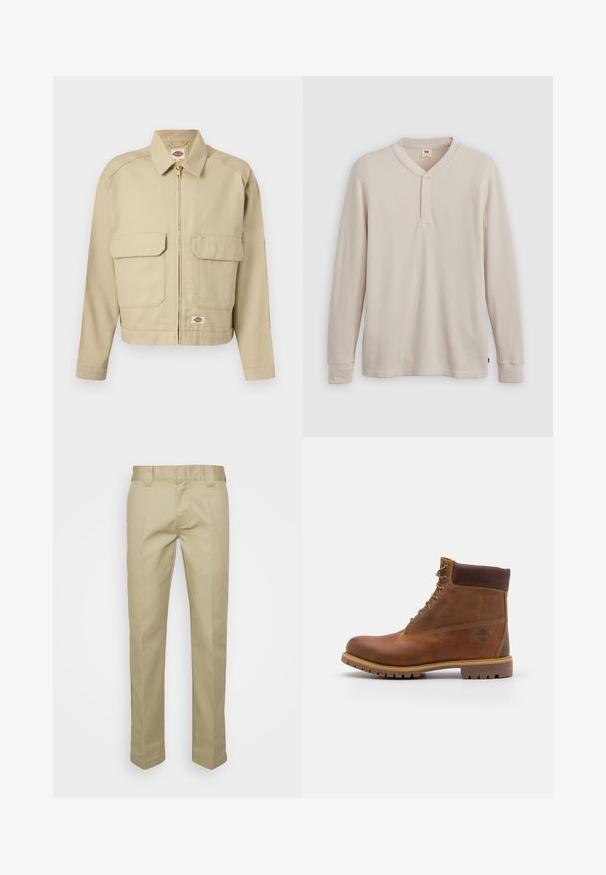 Veste beige à fermeture éclair avec deux grandes poches à rabat à l'avant, col droit, manches longues, et étiquette de la marque Dickies sur la poitrine et l'ourlet.; T-shirt henley à manches longues en tissu côtelé beige clair, avec un col en V, une patte de boutonnage à trois boutons et des manches à poignets. Étiquette logo rouge à l'ourlet.; Pantalon beige en tissu lisse, présentant une coupe droite, des passants de ceinture et des lignes de maintien à l'avant pour une allure soignée.; Botte de randonnée en cuir marron avec une finition lisse, cheville rembourrée, œillets en métal et semelle en caoutchouc dotée d'un motif de crampons robuste.