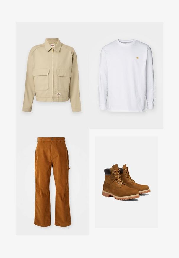 Veste beige à fermeture éclair avec deux grandes poches à rabat à l'avant, col droit, manches longues, et étiquette de la marque Dickies sur la poitrine et l'ourlet.; T-shirt à manches longues blanc en coton. Présente un petit logo doré sur la poitrine et un col rond. Design simple et coupe standard.; Pantalons en velours côtelé marron avec une coupe évasée, dotés de poches latérales et d'une fermeture à bouton à l'avant. La texture est douce et côtelée.; Bottines en daim marron avec un col rembourré noir, œillets dorés et semelle en caoutchouc épais avec un motif à crampons pour l'adhérence.