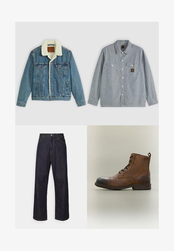 Veste en denim avec un délavage bleu clair, col en fausse fourrure, deux poches poitrine et fermetures à bouton. Présente un patch en cuir de marque au niveau du cou.; Chemise à manches longues boutonnée avec fines rayures verticales noires et blanches, deux poches avant à rabats et un petit patch noir sur la poche droite.; Jean en denim droit bleu foncé avec des coutures jaunes, bouton frontal, fermeture éclair, et cinq poches.; Botte cheville en cuir marron à lacets avec bout noir, semelle ronde et détail de marque sur le côté sur fond uni.