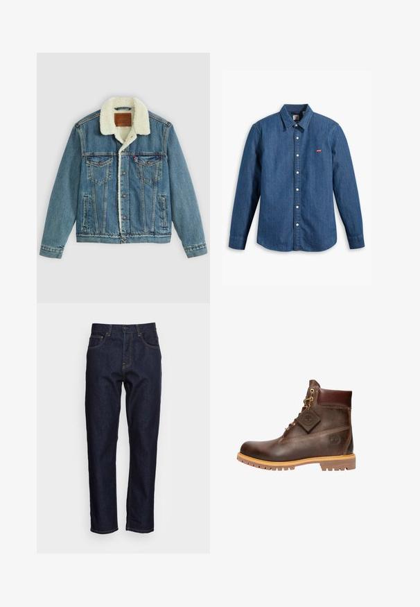 Veste en denim avec un délavage bleu clair, col en fausse fourrure, deux poches poitrine et fermetures à bouton. Présente un patch en cuir de marque au niveau du cou.; Chemise en denim bleu foncé à manches longues, avec col et fermeture à boutons. Présente un petit logo rouge Levi's sur la poitrine. Texture lisse.; Jeans en denim bleu foncé avec une coupe droite, cinq poches et des coutures jaunes contrastées. Conçus avec une fermeture classique à bouton et à glissière.; Bottine en cuir marron avec un bout rond, une semelle robuste, des éléments en doré et un dessus texturé. Comprend une étiquette de logo attachée.