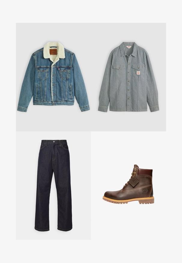 Veste en denim avec un délavage bleu clair, col en fausse fourrure, deux poches poitrine et fermetures à bouton. Présente un patch en cuir de marque au niveau du cou.; Chemise à boutons rayée en bleu et blanc, dotée d'un col, de deux poches poitrine et d'une petite étiquette. Fabriquée en tissu léger.; Jean en denim droit bleu foncé avec des coutures jaunes, bouton frontal, fermeture éclair, et cinq poches.; Bottine en cuir marron avec un bout rond, une semelle robuste, des éléments en doré et un dessus texturé. Comprend une étiquette de logo attachée.