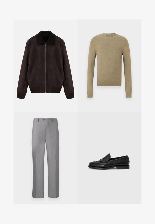 Veste bomber en daim marron foncé avec col en shearling noir, fermeture éclair sur le devant, poches latérales en angle et bords côtelés.; Pull à col ras du cou beige à manches longues en maille avec poignets, ourlet et encolure côtelés sur fond blanc uni.; Pantalons habillés gris sur mesure avec passants de ceinture, bouton frontal et braguette zippée, dotés d'une coupe droite.; Mocassin en cuir noir avec un détail tissé à l'avant, bout arrondi et petit talon. Texture lisse et design minimaliste.