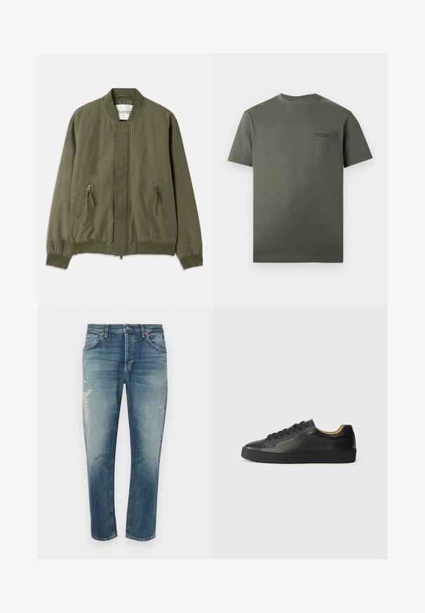 Ελαιόχρωμο bomber jacket με στρογγυλή λαιμόκοψη, δύο μπροστινές τσέπες με φερμουάρ, ελαστικούς μανσέτες και καθαρή, μινιμαλιστική σχεδίαση. Χαλαρή υφή υφάσματος.; Απλό κοντομάνικο μπλουζάκι λαιμόκοψης σε σκούρο πράσινο, με μικρό διακριτικό λογότυπο κειμένου στο αριστερό στήθος.; Ανοιχτό μπλε τζιν παντελόνι με χαλαρή γραμμή, με σκισίματα, κλείσιμο με κουμπί και πέντε τσέπες. Συνιστάται πλύσιμο στο πλυντήριο.; Μαύρο χαμηλό δερμάτινο αθλητικό παπούτσι με υφή, μαύρες κορδόνες και χοντρή καουτσούκ σόλα, εμφανίζεται από το πλάι σε φωτεινό φόντο.