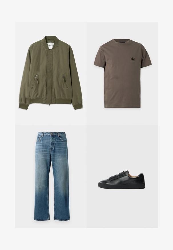 Ελαιόχρωμο bomber jacket με στρογγυλή λαιμόκοψη, δύο μπροστινές τσέπες με φερμουάρ, ελαστικούς μανσέτες και καθαρή, μινιμαλιστική σχεδίαση. Χαλαρή υφή υφάσματος.; Καφέ κοντομάνικη μπλούζα με στρογγυλή μαύρη και λευκή μικρή στάμπα στο αριστερό μέρος του στήθους.; Ανοιχτό μπλε φαρδιά τζιν με ξεθωριασμένο φινίρισμα, που διαθέτουν κλείσιμο με ένα κουμπί, πέντε τσέπες και αντίθετη ραφή.; Μαύρο δερμάτινο αθλητικό παπούτσι με λεία υφή, στρογγυλή μύτη και κορδόνια. Διαθέτει παχιά καουτσούκ σόλα και ελάχιστες λεπτομέρειες branding.