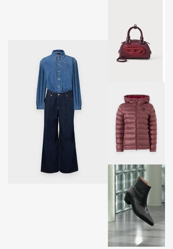 Veste matelassée mauve avec une fermeture éclair à l'avant, une capuche et un motif matelassé horizontal. Présente un patch logo sur le côté gauche de la poitrine et des poignets élastiques.; Chemise en denim avec fermeture boutonnée sur le devant, tissu bleu et manches longues, associée à un jean taille haute à jambes larges de couleur bleu foncé. Coutures contrastantes visibles.; Bottine en cuir noir avec un bout pointu et un talon carré lévitant au-dessus d'un sol gris réfléchissant près d'un mur en blocs de verre.; Petit sac à main bordeaux à forme arrondie, avec double poignée et grand logo ovale rouge texturé sur le devant, sur fond uni.