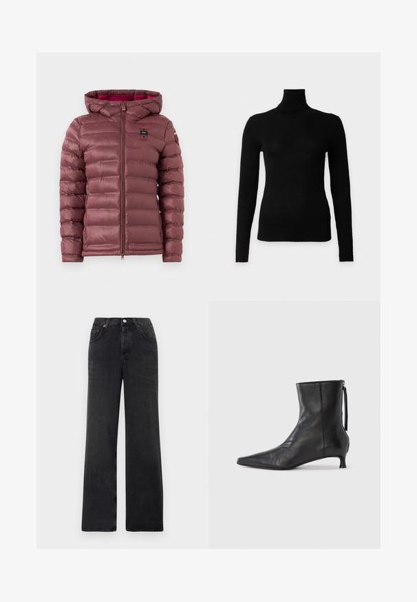 Veste matelassée mauve avec une fermeture éclair à l'avant, une capuche et un motif matelassé horizontal. Présente un patch logo sur le côté gauche de la poitrine et des poignets élastiques.; Pull noir à côtes à manches longues avec col roulé et silhouette ajustée sur fond blanc uni.; Jean large noir en denim. Présente une taille haute, deux poches avant et une fermeture à bouton avec des accents en cuivre.; Bottine en cuir noir à bout pointu, forme structurée et petit talon. Dispose d'une fermeture éclair latérale et d'un design minimaliste.