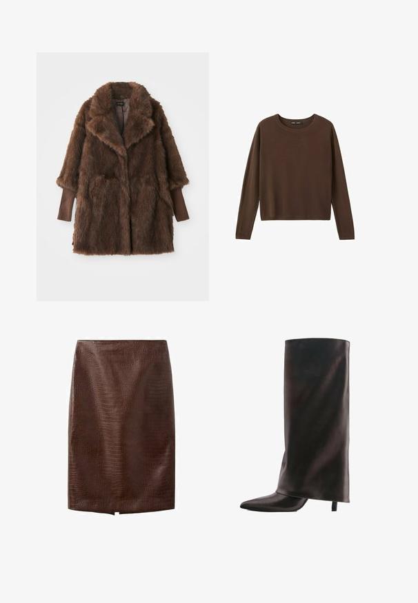 Manteau en fausse fourrure marron avec un grand col, deux poches avant et des poignets côtelés marron. Texture douce et pelucheuse, design mi-long.; Pull marron à manches longues avec un col rond, un design simple et uni, et un col, des poignets et un ourlet côtelés.; Jupe crayon en cuir synthétique marron foncé façon crocodile avec une petite fente avant à l'ourlet, longueur genou, sans fermetures apparentes ni ornements.; Botte haute noire en cuir avec un bout pointu et un talon fin de hauteur moyenne sur fond blanc.