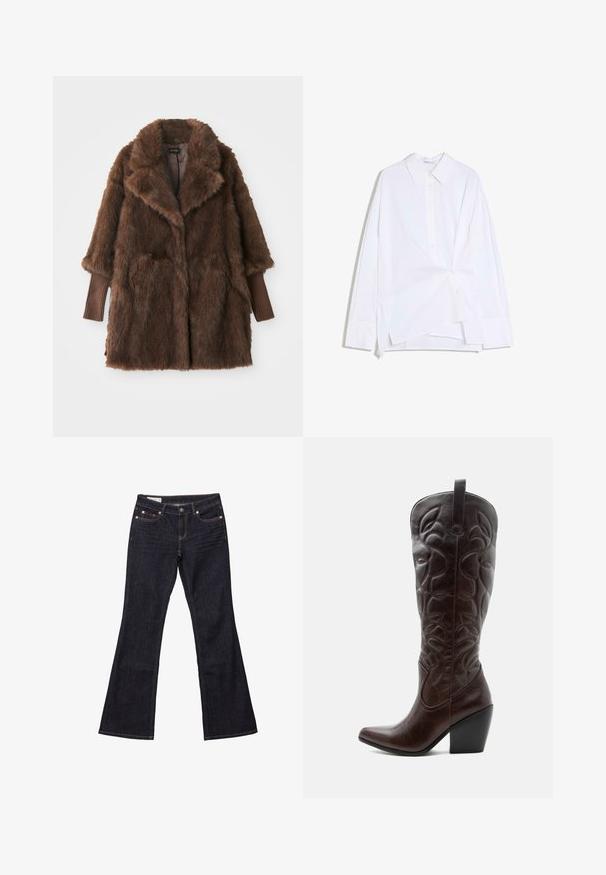 Manteau en fausse fourrure marron avec un grand col, deux poches avant et des poignets côtelés marron. Texture douce et pelucheuse, design mi-long.; Chemise blanche à manches longues avec boutons, devant asymétrique torsadé et col classique, présentée sur un fond blanc.; Jeans évasés en denim bleu foncé avec cinq poches, rivets en cuivre et coutures contrastantes. Texture lisse avec une coupe droite et décontractée.; Botte de cowboy haute en cuir marron foncé avec motifs décoratifs cousus, bout pointu et talon bloc empilé.