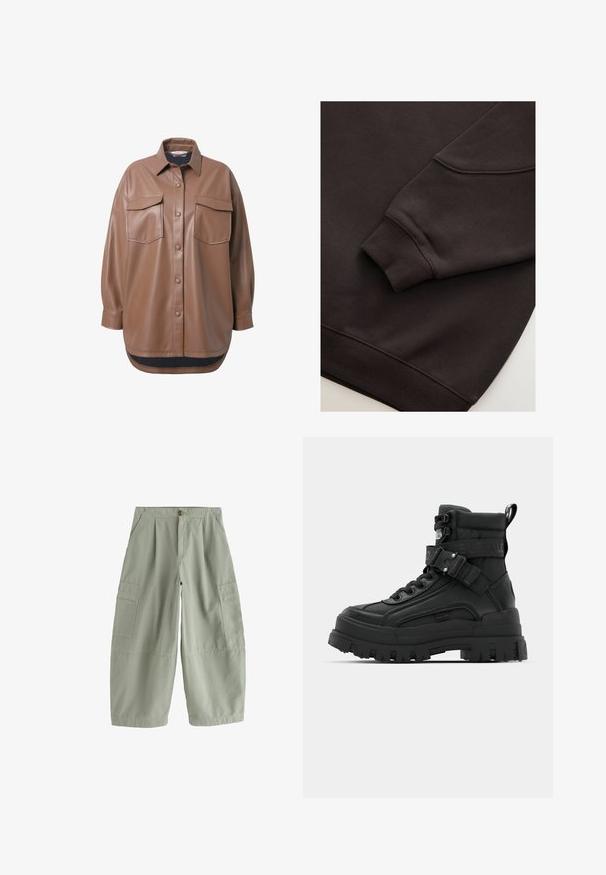 Brun faux læder skjortejakke med to brystlommer, knapfrontlukning og en rundet kant. Har en afslappet pasform og lange ærmer.; Mørkebrun sweatshirt med ribbede manchetter og kant. Glat tekstur med rund halsudskæring og en synlig søm på ærmet.; Lysegrønne vidde cargo-bukser med knap- og lynlåslukning, skrå forlommer og klaplommer på begge ben.; Sorte ankelstøvler med en tekstureret overdel, kraftig sål, snørelukning og justerbar rem med logo-detalje. Gummisal med udtalt dækmønster.