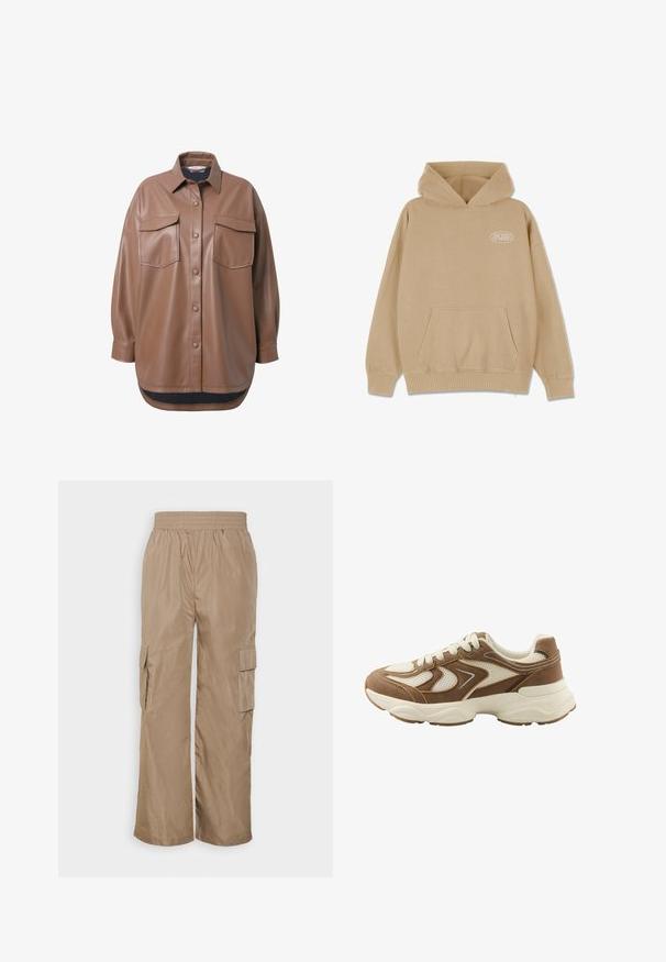 Brun faux læder skjortejakke med to brystlommer, knapfrontlukning og en rundet kant. Har en afslappet pasform og lange ærmer.; Beige hættetrøje med en frontlomme, snørelukning i hætten og ribbede manchetter og kant. Har et lille hvidt logo på venstre side.; Even&Odd by Zalando Cargobukser - beige; Brun og beige sneaker med mesh- og ruskindspaneler, hvide snørebånd og tyk hvid sål på ensfarvet baggrund.