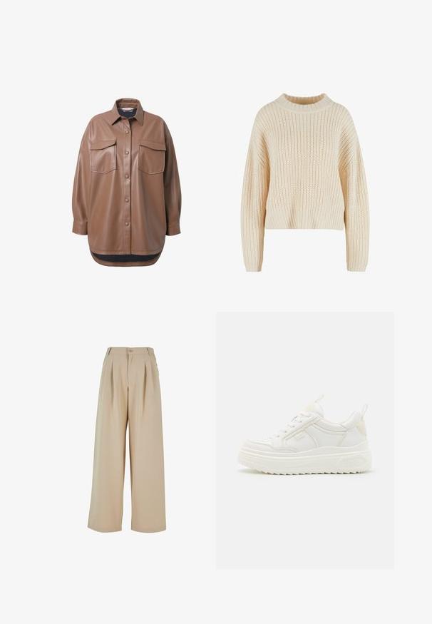 Brun faux læder skjortejakke med to brystlommer, knapfrontlukning og en rundet kant. Har en afslappet pasform og lange ærmer.; Cremefarvet strikket sweater med høj ribbet krave, brede ærmer og et struktureret mønster hele vejen igennem. Kropet design med ribbet kant.; Beige vide benbukser med plisseret front, knaplukning og en glat tekstur. Har en skræddersyet talje og sidelommer.; Hvide lædersneakers med en kraftig sål, snørebåndsdesign og subtil branding. Har en glat overflade og rund tå.