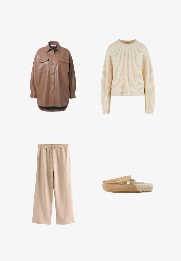 Brun faux læder skjortejakke med to brystlommer, knapfrontlukning og en rundet kant. Har en afslappet pasform og lange ærmer.; Cremefarvet strikket sweater med høj ribbet krave, brede ærmer og et struktureret mønster hele vejen igennem. Kropet design med ribbet kant.; Beige bukser med vide ben, elastisk talje og snørre, lavet af et blødt, plettet stof.; Lysebrun ruskind slip-on tøffel med blødt cremefarvet imiteret pelsfoder og flad gummisål vist fra siden.