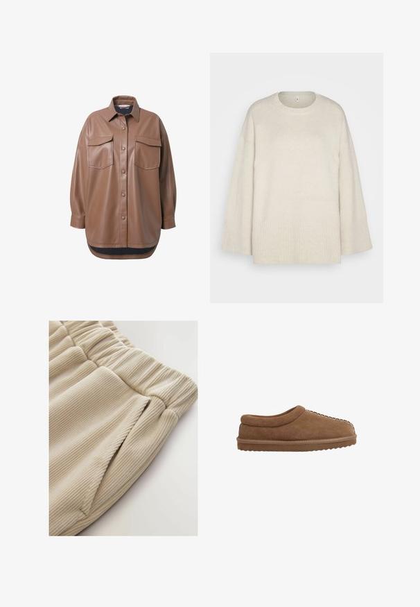 Brun faux læder skjortejakke med to brystlommer, knapfrontlukning og en rundet kant. Har en afslappet pasform og lange ærmer.; Lys beige sweater lavet af blød strikket stof, med rund halsudskæring, sænkede skuldre og ribbede detaljer ved kanten og ærmerne.; Beige ribbede stofshorts med elastisk talje og sidelommer, med en blød tekstur og et afslappet fit design.; Brun ruskinds tøffel med en rund krave, syede detaljer langs fronten og en struktureret, fleksibel gummisål.
