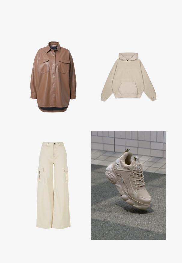 Brun faux læder skjortejakke med to brystlommer, knapfrontlukning og en rundet kant. Har en afslappet pasform og lange ærmer.; Beige hætte sweatshirt med en afslappet pasform, kængurulomme, manchetter og en glat tekstur. Har diskrete logo-detaljer på forsiden.; Beige cargo bukser med vidde, lavet af bomuld, med to store sidelommer, lukning med knap foran og en ren kant.; Beige atletisk sko med overdel i mesh og syntetisk materiale, polstret krave og kraftig sål med strukturerede detaljer. Branding synlig på siden.