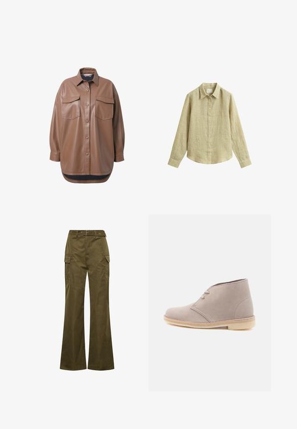 Brun faux læder skjortejakke med to brystlommer, knapfrontlukning og en rundet kant. Har en afslappet pasform og lange ærmer.; Beige langærmet linskjorte med krave og knapper foran, lagt fladt på en hvid baggrund.; Olivenfarvede cargobukser med høj talje, brede ben, flere sidelommer og metalhardware-accenter på taljen.; Lyse beige ørkenstøvle i ruskind med to snørehuller og crepesål, vist i profil mod en ensfarvet hvid baggrund.