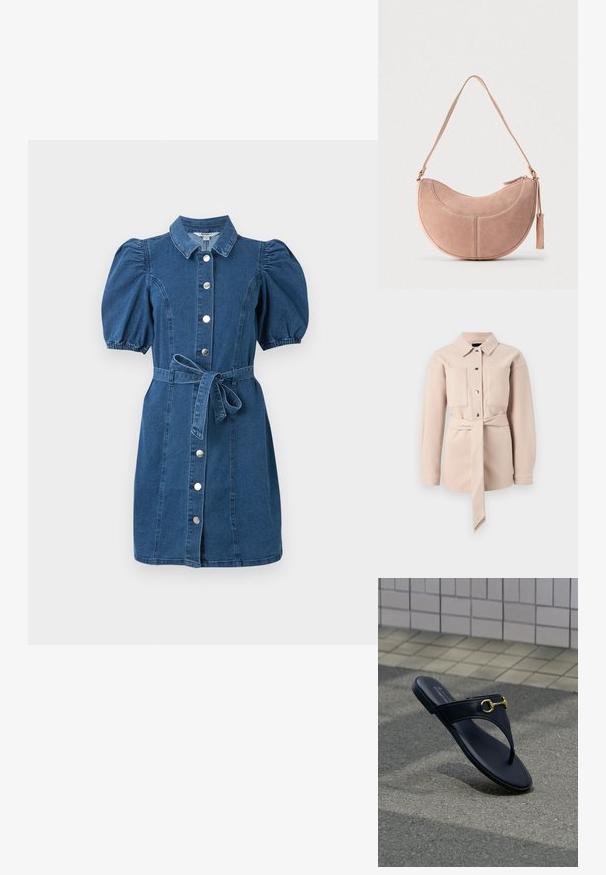 Vaalea beige vyöllä varustettu paita, jossa on kauluksellinen pääntie, etunapit, kaksi rintataskua ja pitkät hihat. Sileä rakenne, minimalistinen muotoilu.; Farkkumekko, jossa on lyhyet liehuttavat hihat, edessä painonapit, kaulus, istuva vyötärö ja solmittu vyö, esitetty yksivärisellä taustalla.; Musta nahkainen varvastossu, jossa kultainen hevossolki, asfalttipinnalla ja taustalla laatoitettu seinä.; Vaaleanpunainen mokkanahkainen käsilaukku, jossa on kaareva, puolikuun muotoinen muoto, yksittäinen olkahihna ja vetoketjullinen suljenta. Laukussa on tikattu yksityiskohta ja tupsukoriste.