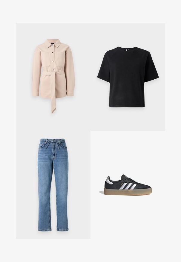 Camisa de color beige claro con cinturón, cuello tipo camisa, cierre de botones en la parte delantera, dos bolsillos en el pecho y mangas largas. Textura suave, diseño minimalista.; Camiseta negra de manga corta hecha de una tela suave, con un clásico cuello redondo y un ajuste relajado con mangas ranglan.; Jeans de mezclilla azul claro con corte recto, de talle alto, con un lazo frontal y diseño clásico de cinco bolsillos. Superficie texturizada con un ligero desvanecimiento.; Zapatilla deportiva de cuero negro con tres rayas plateadas, punta texturizada y suela de goma. Cuenta con un collar acolchado y un diseño con cordones.