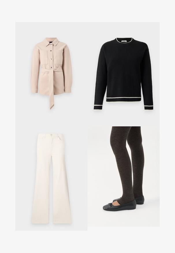 Lys beige bælteskjorte med krave, frontknaplukning, to brystlommer og lange ærmer. Glat tekstur, minimalistisk design.; Sort langærmet crewneck sweater med hvid kant ved kraven, manchetterne og kanten, vist på en ensfarvet hvid baggrund.; ONLY Wide-fit ONLMADISON High waist Wide Leg Fit - Wide leg - ecru; Ben iført mørke ribbede leggings kombineret med sorte balletsko med små sløjfedetaljer på hvid baggrund.
