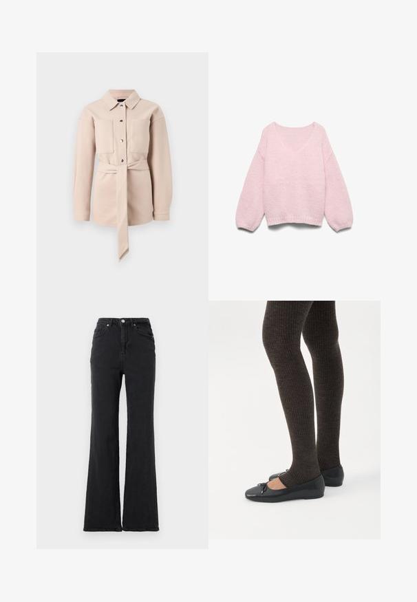Lys beige bælteskjorte med krave, frontknaplukning, to brystlommer og lange ærmer. Glat tekstur, minimalistisk design.; Lyserød strikket sweater med lange ballonærmer og bred, rund halsudskæring, vist fladt på en hvid baggrund.; Sorte højtaljede denimjeans med flagrende ben, frontknap og fem-lommet design mod en helt hvid baggrund.; Ben iført mørke ribbede leggings kombineret med sorte balletsko med små sløjfedetaljer på hvid baggrund.