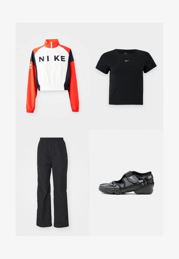 Gekürzte Nike-Jacke mit hohem Kragen, weißem Körper, roten und marineblauen Ärmeln, schwarzem Logo auf der Vorderseite, elastischem Saum und Bündchen, sportliches Design.; Schwarzes, geripptes T-Shirt mit kurzen Ärmeln, das ein kleines weißes Nike-Logo auf der Brust und einen runden Halsausschnitt hat.; Schwarze, leichte Hose mit elastischem Bund und Kordelzug. Verfügt über eine strukturierte Oberfläche und ein kleines reflektierendes Logo an der Seite.; Schwarzer Nike Air Schuh mit Klettverschluss, verziert mit kleinen schwarzen Blumenverzierungen an der Seite und vorne.