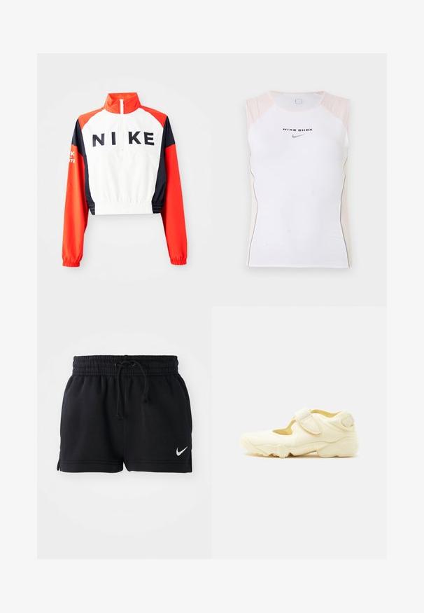Gekürzte Nike-Jacke mit hohem Kragen, weißem Körper, roten und marineblauen Ärmeln, schwarzem Logo auf der Vorderseite, elastischem Saum und Bündchen, sportliches Design.; Weißes ärmelloses Sporttop mit beigen Schulterakzenten, der Aufschrift "NIKE SHOX" und einem schwarzen Nike-Swoosh-Logo auf der Brust.; Schwarze Sportshorts aus weichem Material, mit einem elastischen Bund und Kordelzug, Seitenschlitzen und einem kleinen weißen Logo am Saum.; Beiger Sportschuh mit dicker Sohle, Cut-out-Design und zwei verstellbaren Klettverschlüssen auf weißem Hintergrund.