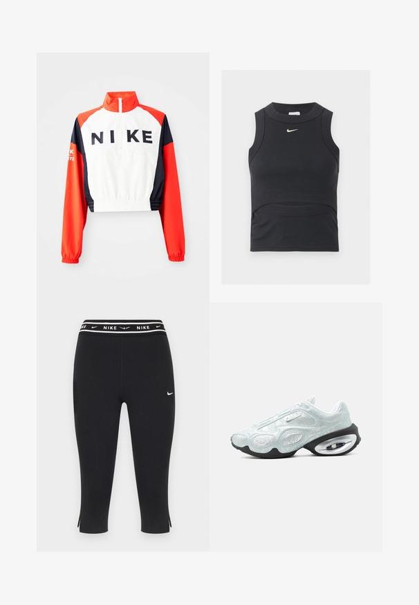 Ingekorte Nike-jas met hoge kraag, witte body, rode en marineblauwe mouwen, zwart logo op de voorkant, elastische taille en manchetten, sportief ontwerp.; Zwarte mouwloze cropped sporttop met geribbelde textuur en wit Nike swoosh-logo op de borst.; Zwarte cropped leggings met Nike-logo op de linker dij en herhaalde Nike-opschriften op de elastische tailleband.; Witte en lichtgrijze Nike-sneaker met een gestructureerd bovenwerk, zwarte zool en zichtbare luchtvering in de hiel, weergegeven in zijaanzicht.