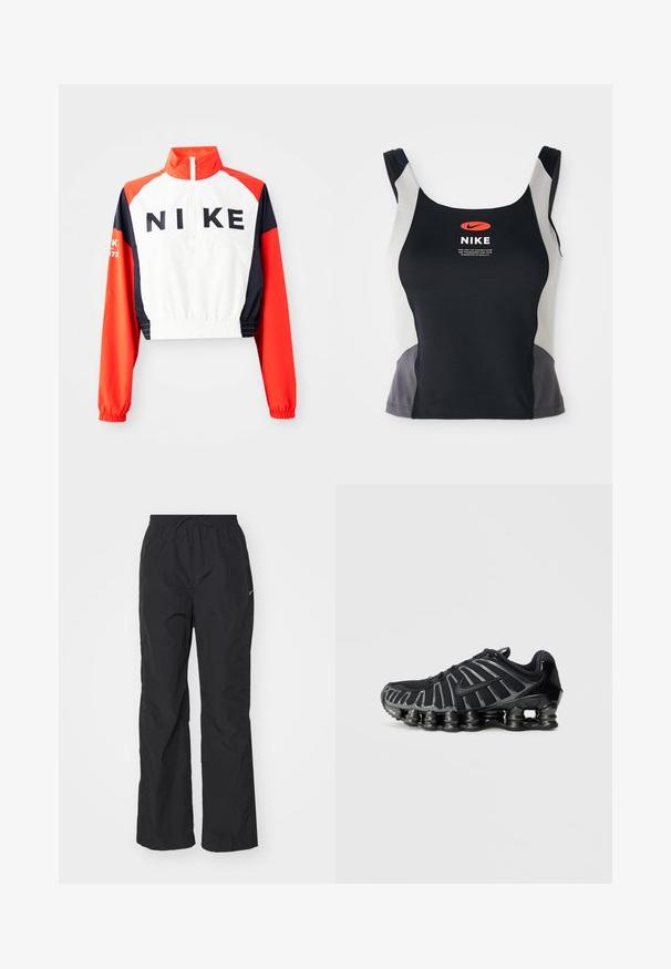 Kroppad Nike-jacka med hög krage, vit kropp, röda och marinblå ärmar, svart logotyp framtill, elastisk midja och manschetter, sportig design.; Mustat ja harmaat urheilupaidat, joissa on pyöreä kaula-aukko, kapeat olkaimet ja etupuolella keskellä oranssi Nike-logo.; Mustat, kevyet housut, joissa on joustava vyötärö ja nyöri. Niissä on teksturoitu pinta ja pieni heijastava logo sivussa.; Musta urheilukenkä, jossa on teksturoitu verkkopäällinen ja tunnistettava paksu pohja, jossa on pyöreitä osia. Nauhat ja vahvistettu kantapää tuovat lisätukea.