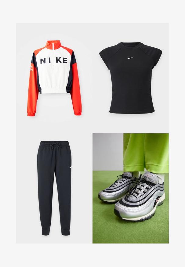 Ingekorte Nike-jas met hoge kraag, witte body, rode en marineblauwe mouwen, zwart logo op de voorkant, elastische taille en manchetten, sportief ontwerp.; Zwart kortermig shirt met een geribbelde textuur, voorzien van een ronde hals en een klein wit Nike-logo op de borst.; Zwarte Nike sweatpants met elastische tailleband en trekkoord, taps toelopende pijpen, geribbelde enkels en een kleine witte Nike-swoosh op de rechterdij.; Zilveren en zwarte Nike Air Max 97 sneakers hebben een golvend ontwerp, gemaakt van mesh en leer, met zwarte veters en een roze accentlogo.