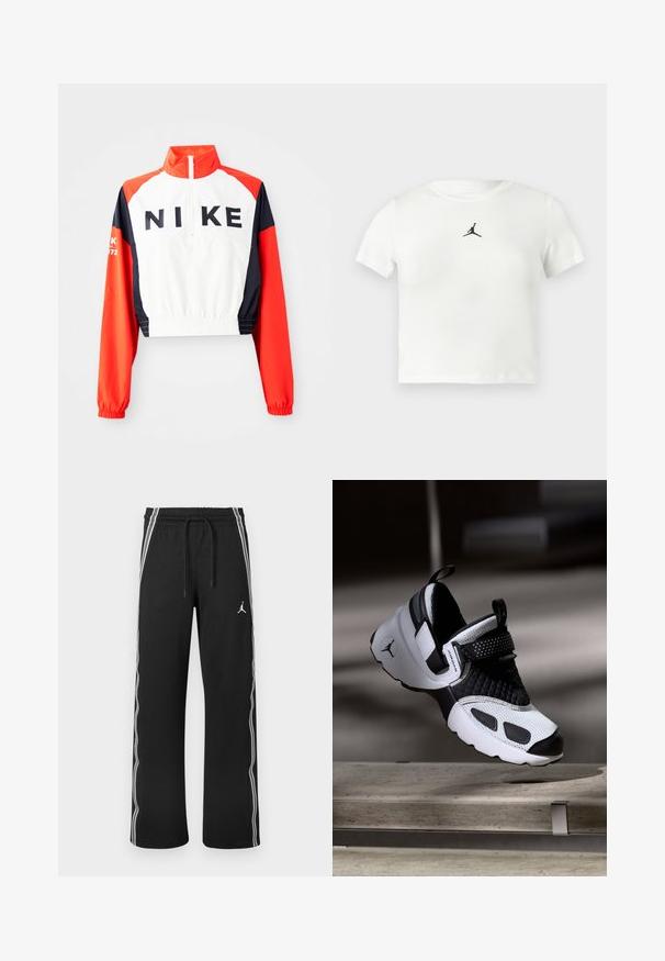 Gekürzte Nike-Jacke mit hohem Kragen, weißem Körper, roten und marineblauen Ärmeln, schwarzem Logo auf der Vorderseite, elastischem Saum und Bündchen, sportliches Design.; Weißes Baumwoll-Cropped-T-Shirt mit einem schwarzen Jumpman-Logo in der Mitte. Kurze Ärmel und ein runder Ausschnitt mit einer glatten Textur.; Schwarze Sporthose mit weißen Seitenstreifen, elastischem Bund mit Kordelzug und kleinem Jumpman-Logo am rechten Oberschenkel.; Schwarzer und weißer Jordan-Sneaker, der in sanfter, neutraler Beleuchtung über einer Betonbank schwebt.