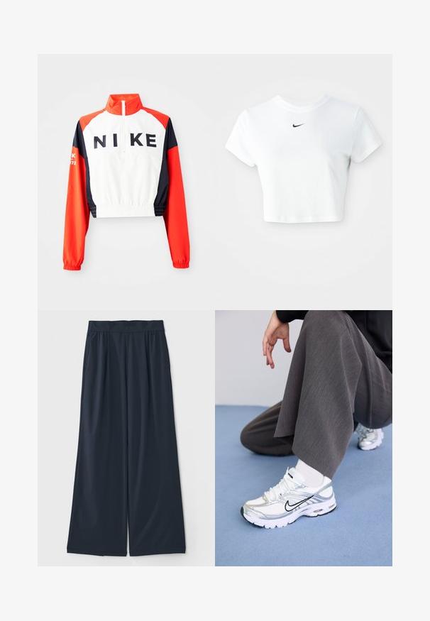 Ingekorte Nike-jas met hoge kraag, witte body, rode en marineblauwe mouwen, zwart logo op de voorkant, elastische taille en manchetten, sportief ontwerp.; Witte cropped T-shirt van katoen, met korte mouwen en een ronde halslijn, voorzien van een zwart Nike-logo op de borst.; Donkerblauwe wijde broek van zacht materiaal; heeft een elastische tailleband en twee zijzakken voor extra gemak.; Witte en zilveren sport schoenen van mesh en synthetische materialen, met zwarte accentlijnen, veters en gestructureerde zolen.