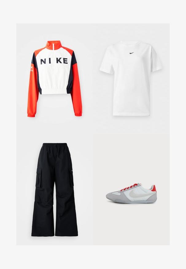 Zrezaná Nike bunda s vysokým golierom, biela telo, červené a námornícke rukávy, čierne logo vpredu, elastický pás a manžety, športový dizajn.; Biele tričko s krátkym rukávom a okrúhlym výstrihom s malým čiernym logom Nike Swoosh umiestneným v strede blízko goliera.; Čierne cargo nohavice so širokými nohavicami, elastickým pásom, nastaviteľnou šnúrkou a dvoma bočnými vreckami. Vyrobené z hladkej, ľahkej tkaniny.; Nízky sivobiely Nike teniska s veľkým bielym logom Swoosh, červenou pätovou záložkou a červenými šnúrkami na jednoliatom pozadí.